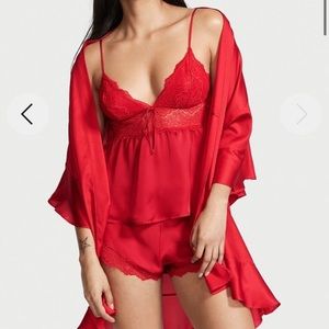 Stretch lace and satin cami set-Red